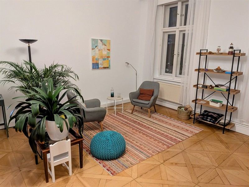 Sitzbereich im Therapieraum der Praxis Graz – zwei Sessel, bunter Teppich und Pflanzen